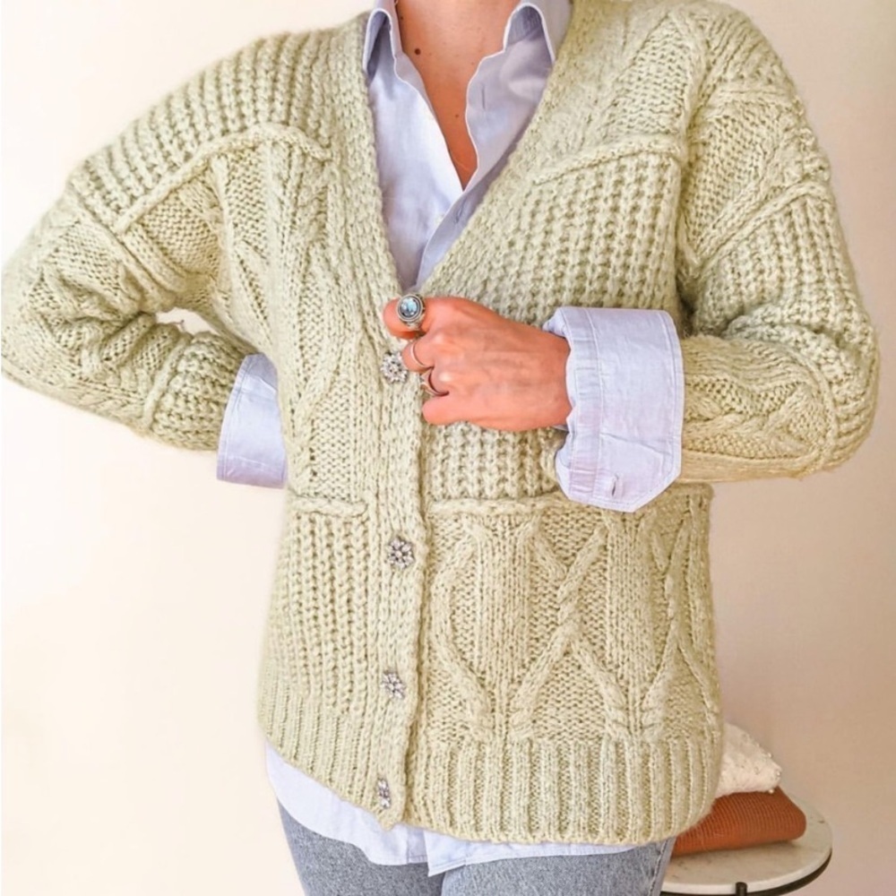 ZARA Cardigan Knit Sweater Jewel Buttons Long Sleeve Pistachio Green Women M
